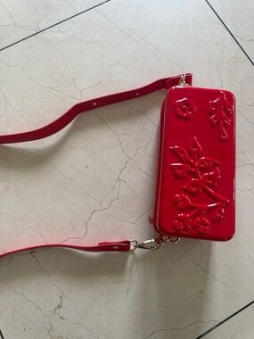 Patent Red Floral Embossed Crossbody Bag